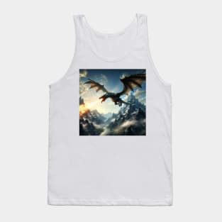 Unveiling the Majestic Sight: A Fire-Breathing Dragon Soaring Over the Mountain Peaks in Stunning Detail Tank Top